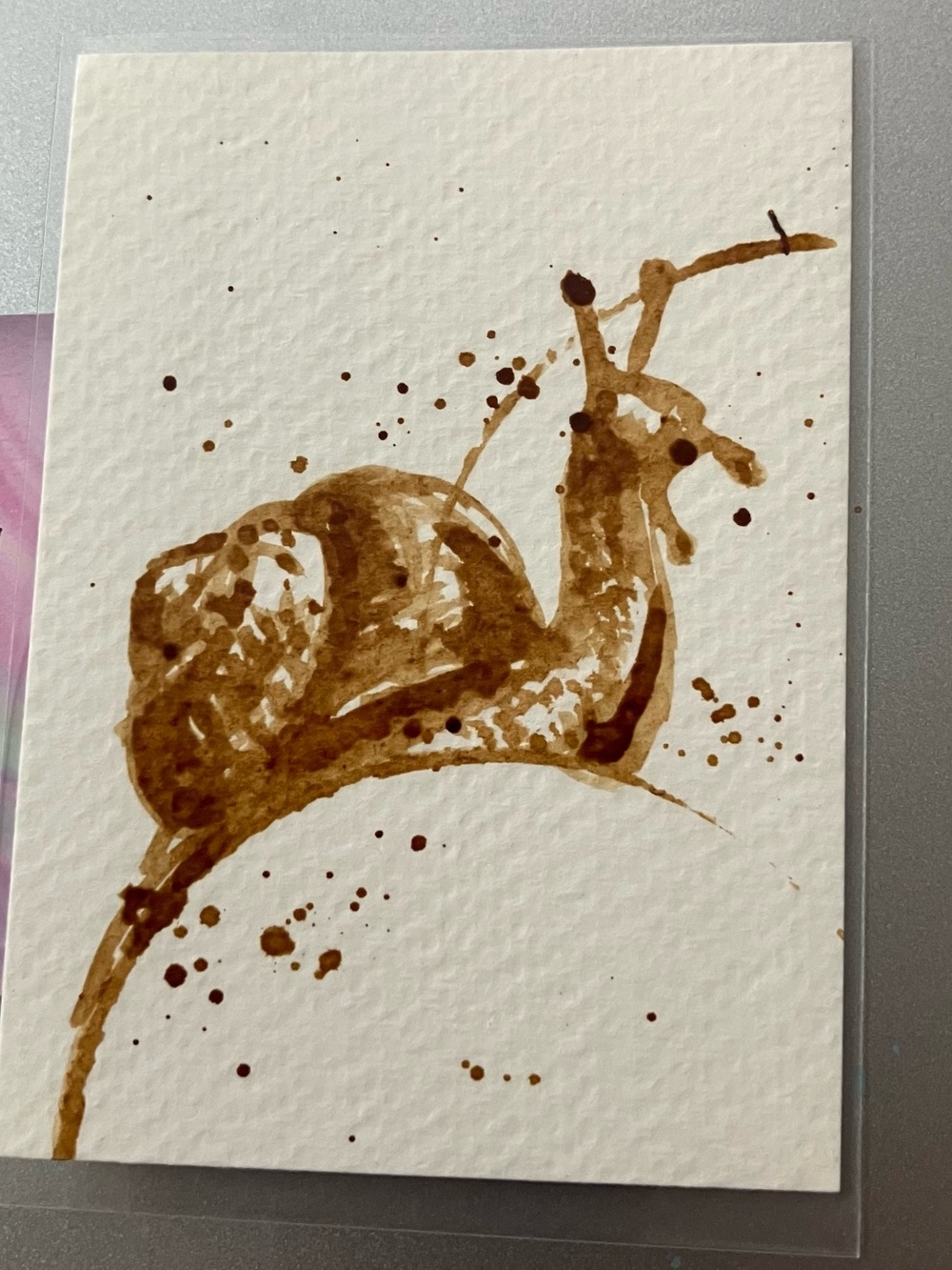 Aceo snail coffee painting ATC garden miniature gift art by Artettina